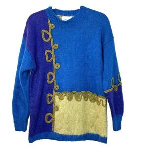 Vtg Express Handknit Statement Sweater Medium Mohair Blnd Indie Artisan Oversize
